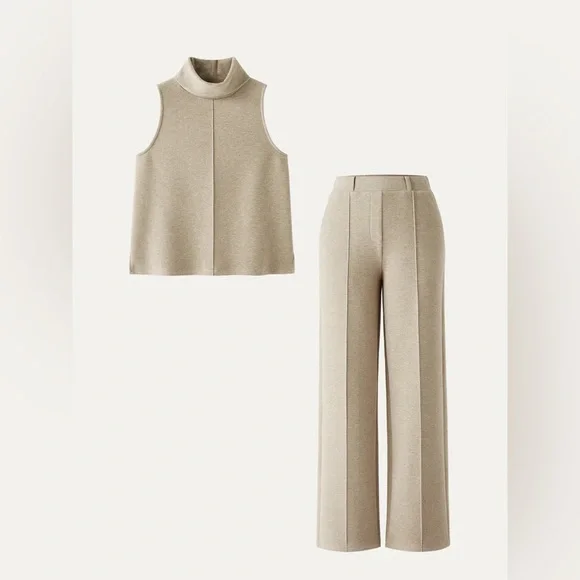 NWT OGL 2Pcs Set Split Hem Top & High Waisted Straight Leg Pant - Picture 2 of 7